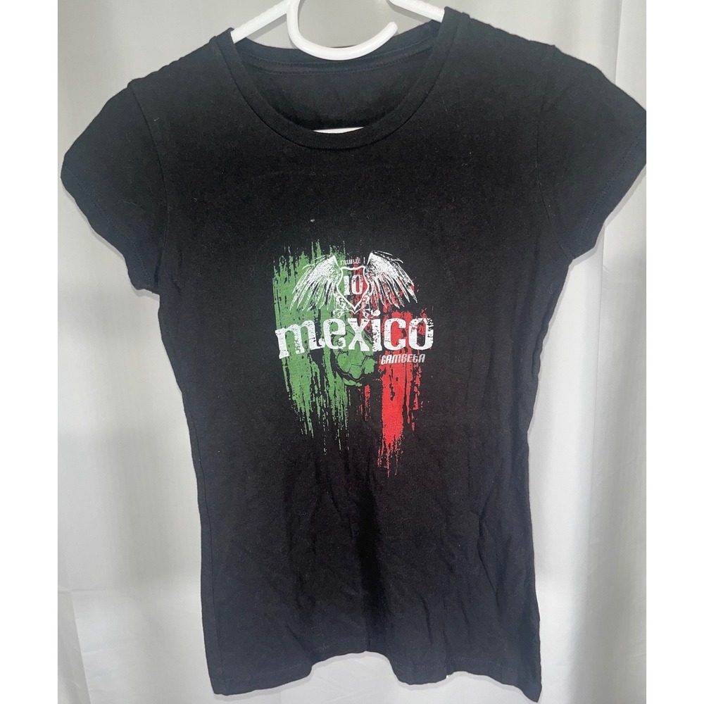 Mexico Soccer Graphic T-Shirt Black Cotton Distressed Flag Junior Small 0103